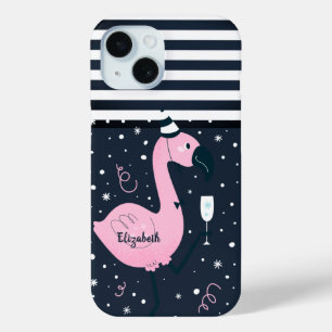 Roze roze flamingo Nautical Navy Blue Striped iPhone 15 Case