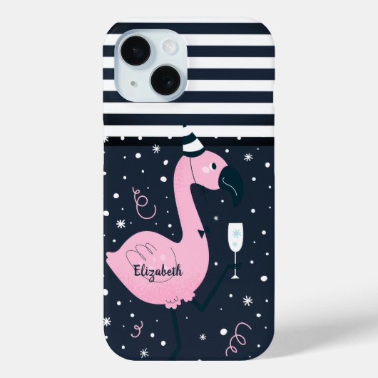 Roze roze flamingo Nautical Navy Blue Striped Case-Mate iPhone Case (Achterkant)