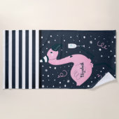 Roze roze flamingo Nautical Navy Blue Striped Strandlaken (Voorkant)