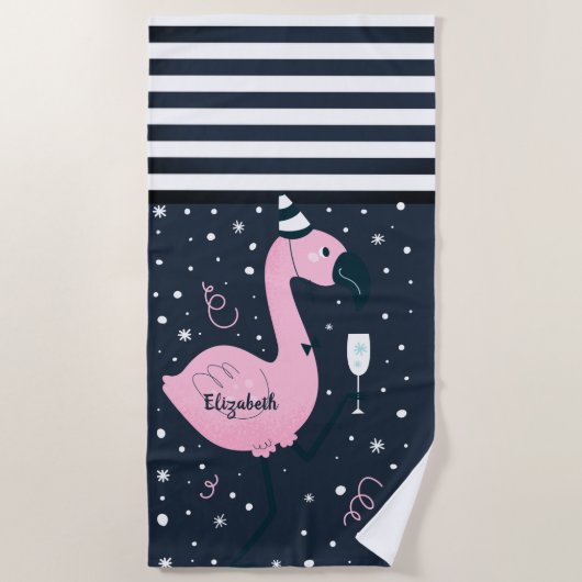 Roze roze flamingo Nautical Navy Blue Striped Strandlaken (Voorkant)