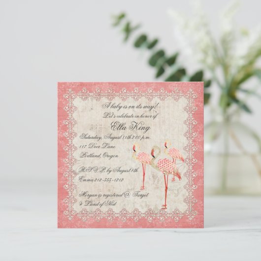  Roze Roze Flamingos Baby Uitnodiging (Staand voorkant)