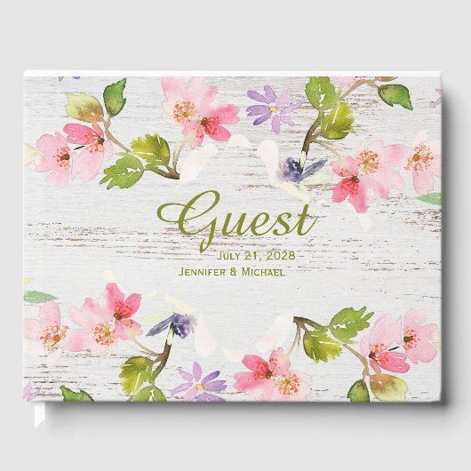 Roze roze flessen op wit hout gastenboek (Voorkant)