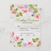 Roze roze flessen op wit hout RSVP kaartje (Voorkant / Achterkant)