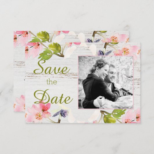 Roze roze flessen op wit hout save the date (Voorkant / Achterkant)