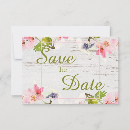 Roze roze flessen op wit hout save the date (Voorkant)