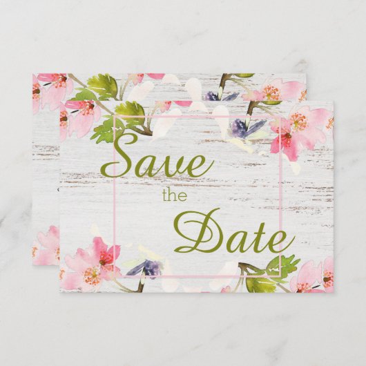 Roze roze flessen op wit hout save the date (Voorkant / Achterkant)