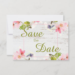 Roze roze flessen op wit hout save the date
