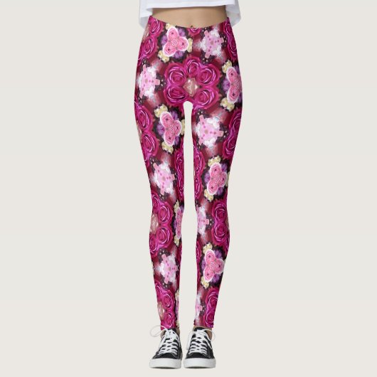Roze roze floraalpatroon leggings (Voorkant)