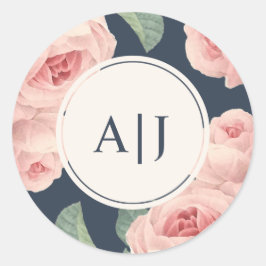  Roze Roze Floral Donker Blauw Monogram Ronde Sticker