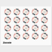 Roze Roze Floral Donker Blauw Monogram Ronde Sticker (Vel)