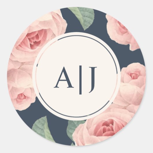 Roze Roze Floral Donker Blauw Monogram Ronde Sticker (Voorkant)