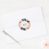 Roze Roze Floral Donker Blauw Monogram Ronde Sticker (Envelop)