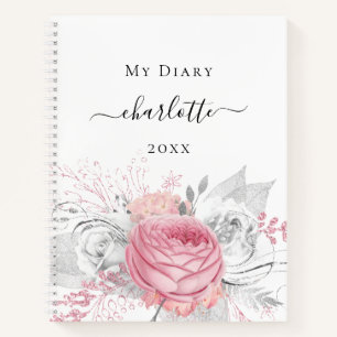 Roze roze florale zilverfoliewitte benaming notitieboek