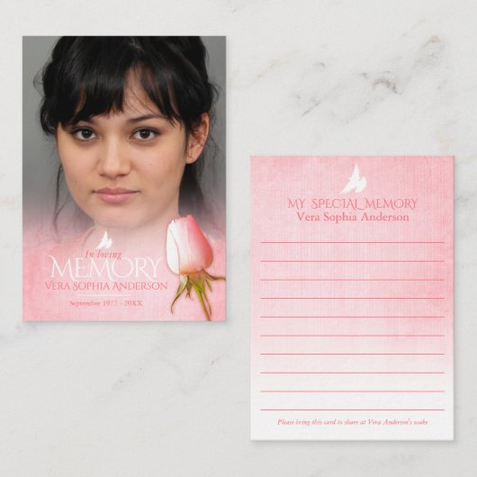 Roze roze geheugenkaart voor gedenktekens en begra notitiekaartje (Voorkant / Achterkant)