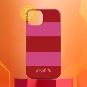 Roze, roze, gematigd striped patroon met naam iPhone 15 case