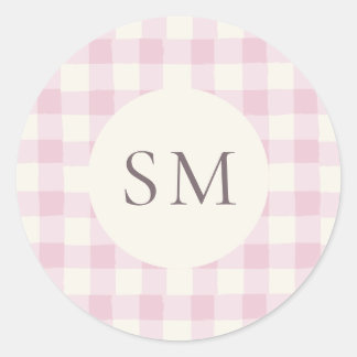 Roze Roze Gingham Persoonlijk Monogram Ronde Sticker