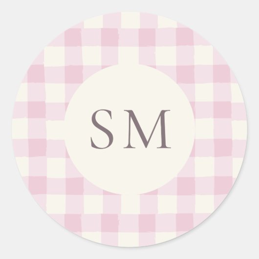Roze Roze Gingham Persoonlijk Monogram Ronde Sticker (Voorkant)