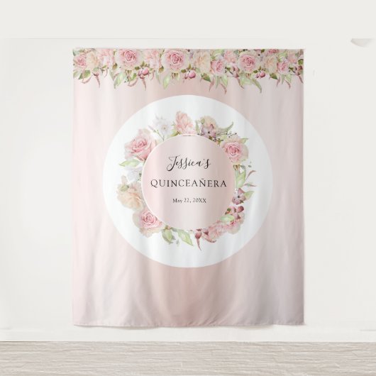 Roze, roze goud, blush Quinceañera fotobackdrop Wandkleed (Voorkant)