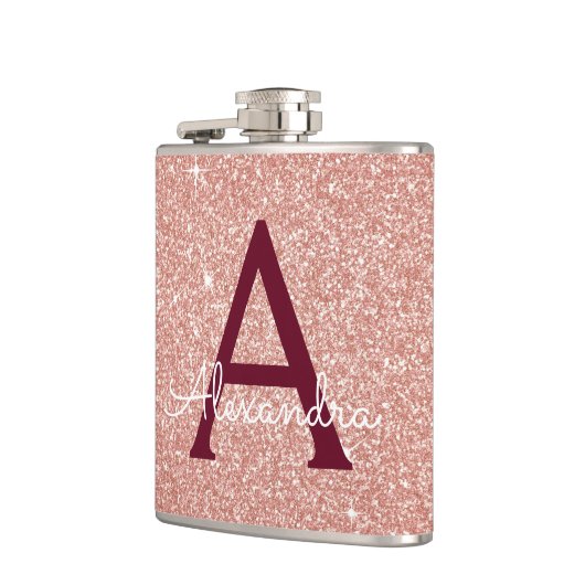 Roze Roze Goud Bourgondië Glitter Glans Monogram Heupfles (Links)