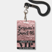 Roze Roze Goud Chroom Glans Sweet 16 VIP Pas Badge (Voorzijde met lanyard)