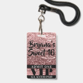 Roze Roze Goud Chroom Glans Sweet 16 VIP Pas Badge (Achterkant met lanyard)