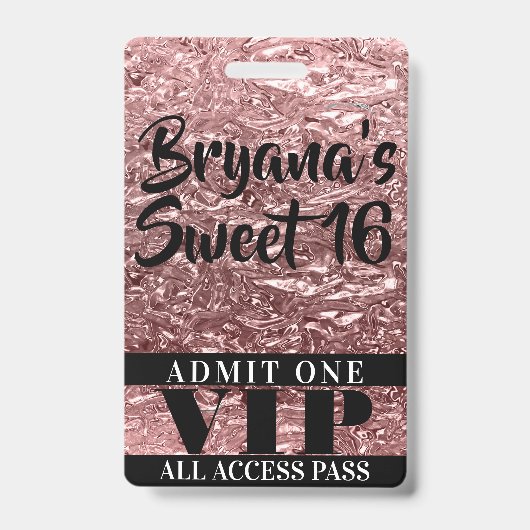 Roze Roze Goud Chroom Glans Sweet 16 VIP Pas Badge (Voorzijde)