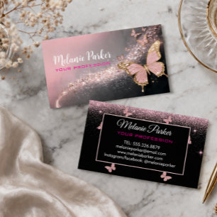 Roze Roze Goud Elegante Glitter Vlinder Zakelijk Visitekaartje