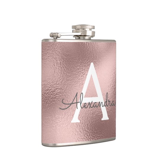 Roze Roze Goud Folie en Glitter Monogram Heupfles (Rechts)