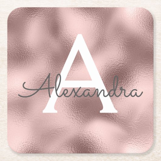 Roze Roze Goud Folie & Glitter Monogram Verjaardag Kartonnen Onderzetters (Voorkant)