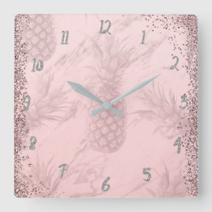 Roze Roze Goud Glitter Ananas Tropisch Chic Vierkante Klok