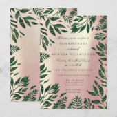 Roze Roze Goud Glitter Bladeren Bloem Kader Groen Kaart (Voorkant / Achterkant)