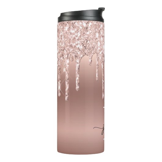 Roze Roze Goud Glitter Drips Ombre Monogram Thermosbeker (Gedraaid links)