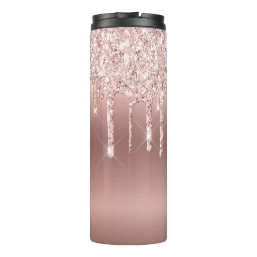 Roze Roze Goud Glitter Drips Ombre Monogram Thermosbeker (Achterkant)