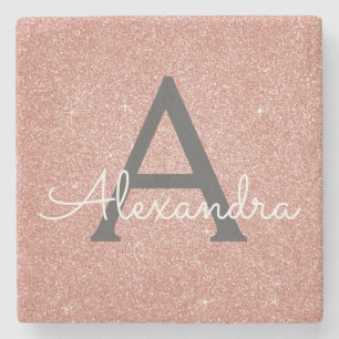 Roze Roze Goud Glitter & Glans Monogram Stenen Onderzetter