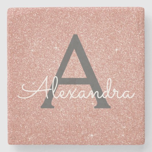 Roze Roze Goud Glitter & Glans Monogram Stenen Onderzetter (Voorkant)