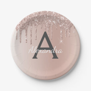 Roze Roze Goud Glitter & Glans Monogram Verjaardag Papieren Bordje