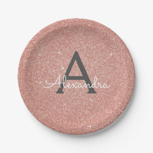 Roze Roze Goud Glitter & Glans Monogram Verjaardag Papieren Bordje