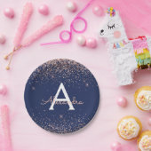 Roze Roze Goud Glitter Marineblauwe Monogram Verja Papieren Bordje (Feest)
