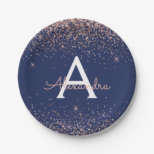 Roze Roze Goud Glitter Navyblauw Monogram Verjaard Papieren Bordje (Voorkant)