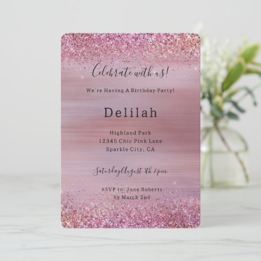 Roze Roze Goud Glitter Verjaardag Kaart (Staand voorkant)