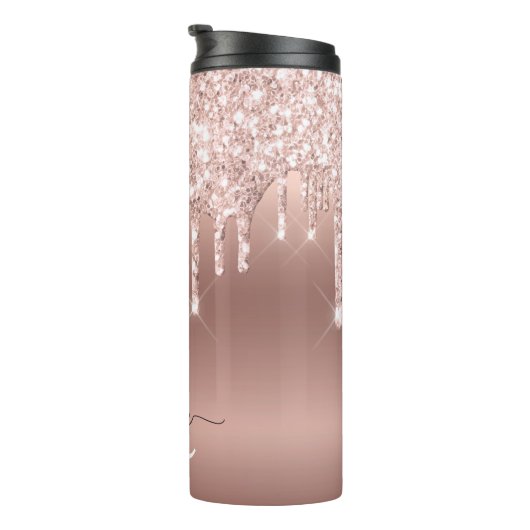 Roze Roze Goud Glitters Druipers Ombre Monogram Thermosbeker (Geroteerd rechts)