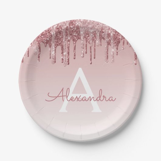 Roze Roze Goud Glitters & Fonkelend Monogram Verja Papieren Bordje (Voorkant)