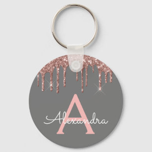 Roze Roze Goud Houtskool Grijs Glitter Monogram Sleutelhanger