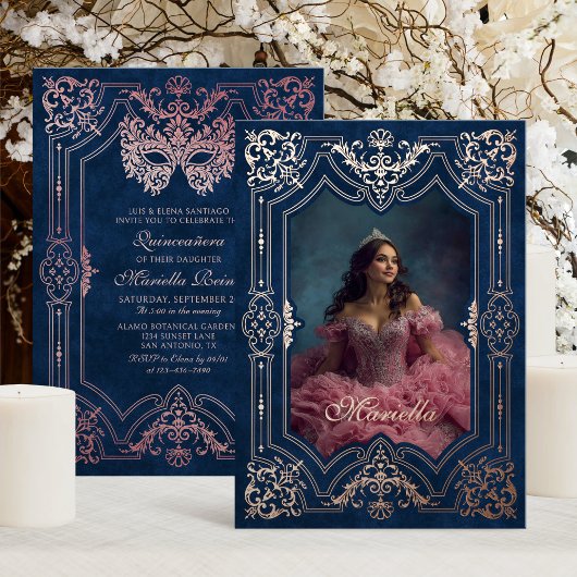 Roze Roze Goud Masquerade Foto Quinceanera Folie Uitnodiging