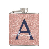 Roze Roze Goud Navy Blauwe Glitter Glans Monogram Heupfles (Voorkant)