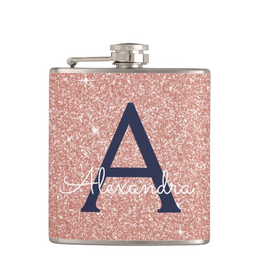 Roze Roze Goud Navy Blauwe Glitter Glans Monogram Heupfles (Voorkant)