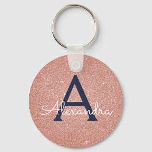 Roze Roze Goud Navy Blauwe Glitter Glans Monogram Sleutelhanger