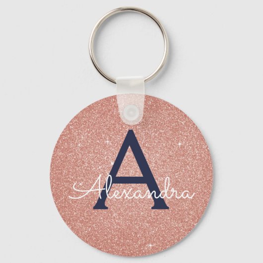Roze Roze Goud Navy Blauwe Glitter Glans Monogram Sleutelhanger (Voorkant)