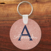 Roze Roze Goud Navy Blauwe Glitter Glans Monogram Sleutelhanger (Voorkant)