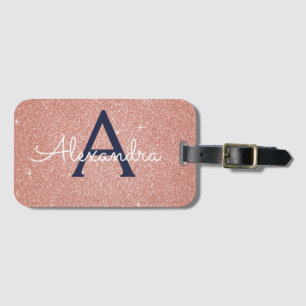 Roze Roze Goud Navy Blauwe Glitter Monogram Bagagelabel
